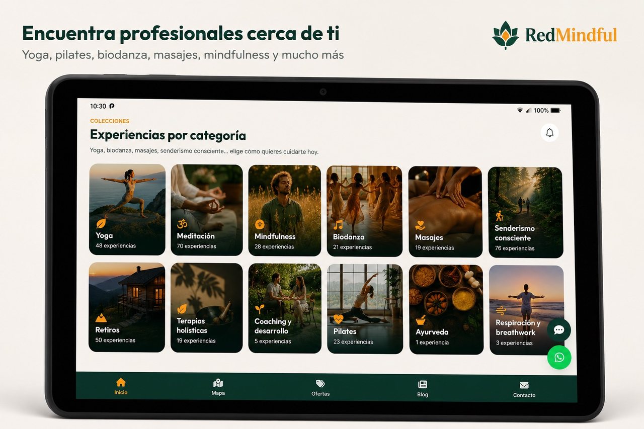 La app de RedMindful en una tablet, mostrando las experiencias por categoría