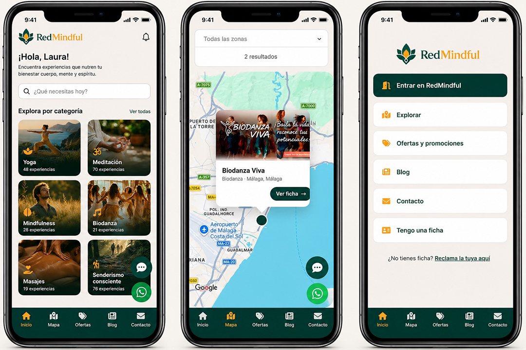 Tres pantallas de la app de RedMindful: inicio, mapa y acceso